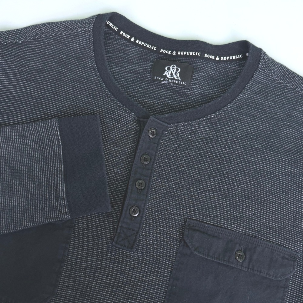 Rock & Republic Mens XL Shirt Henley Blue Microstripe Long Sleeve Pocket